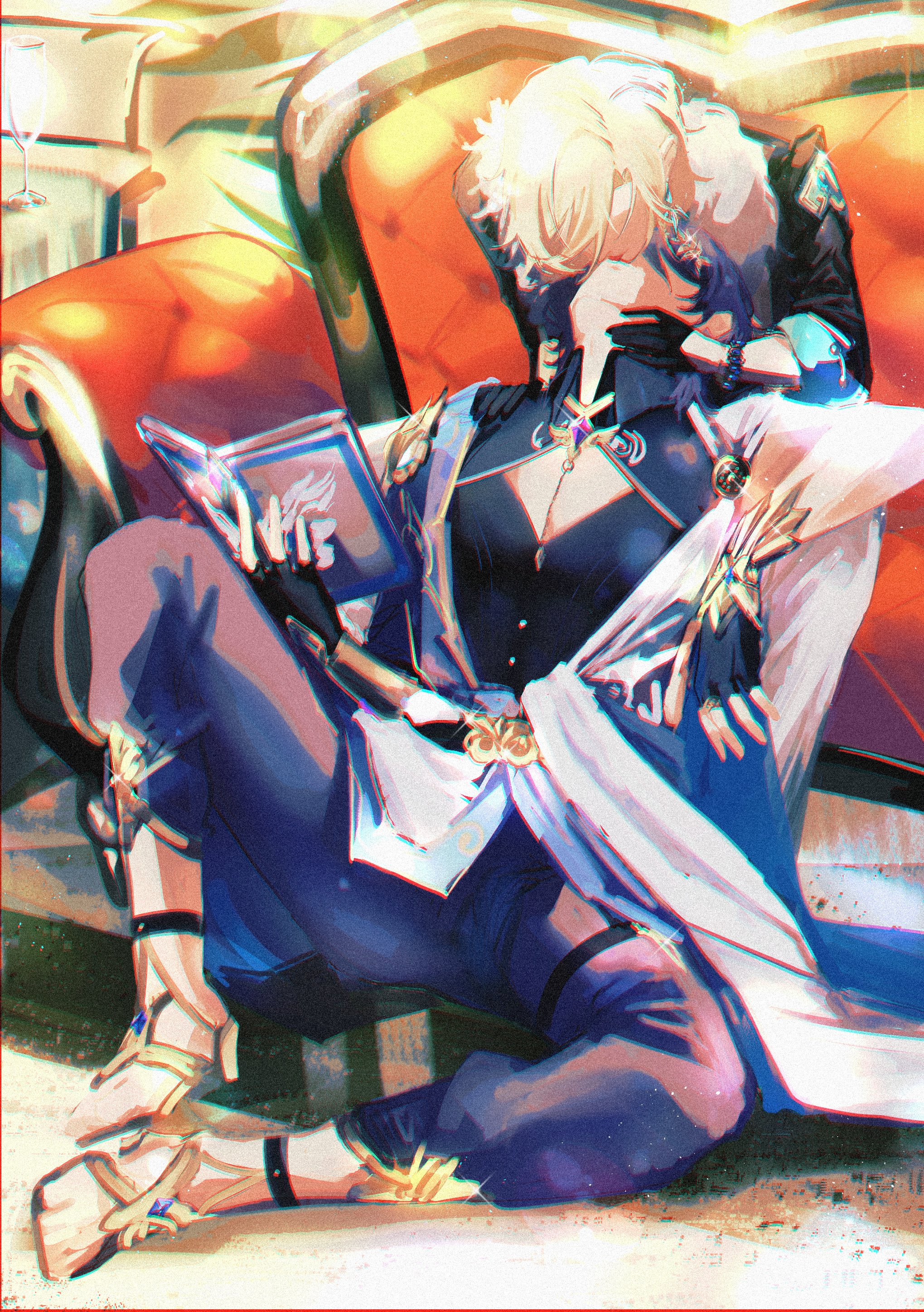 an illustration of a male anime character sitting on a couch and reading a book.  he is wearing a blue and white outfit with gold trim and  has blond hair. he is in a relaxed pose, and the image is drawn in a digital style.