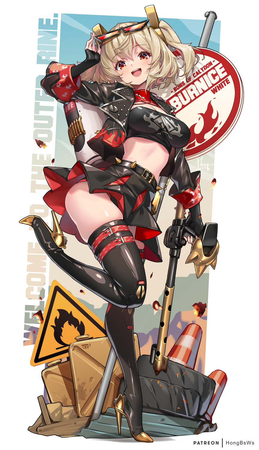 this is a colorful digital illustration of an animestyle female character. she has blonde hair, red eyes, and is wearing a black leather jacket with red accents. she also has a black skirt with a red strap and a belt with spikes. she is wearing black leather boots with red straps and thighhighs. she has a gun in her right hand and is holding a yellow weapon with a red and black handle.  she is  posing in a dynamic and energetic way with her left leg extended backwards and her left hand raised to her face. in the background, there is a  warning sign of a fire, a white box with red flames, and a traffic cone. the entire image is bright and vibrant, with a sense of action and excitement.