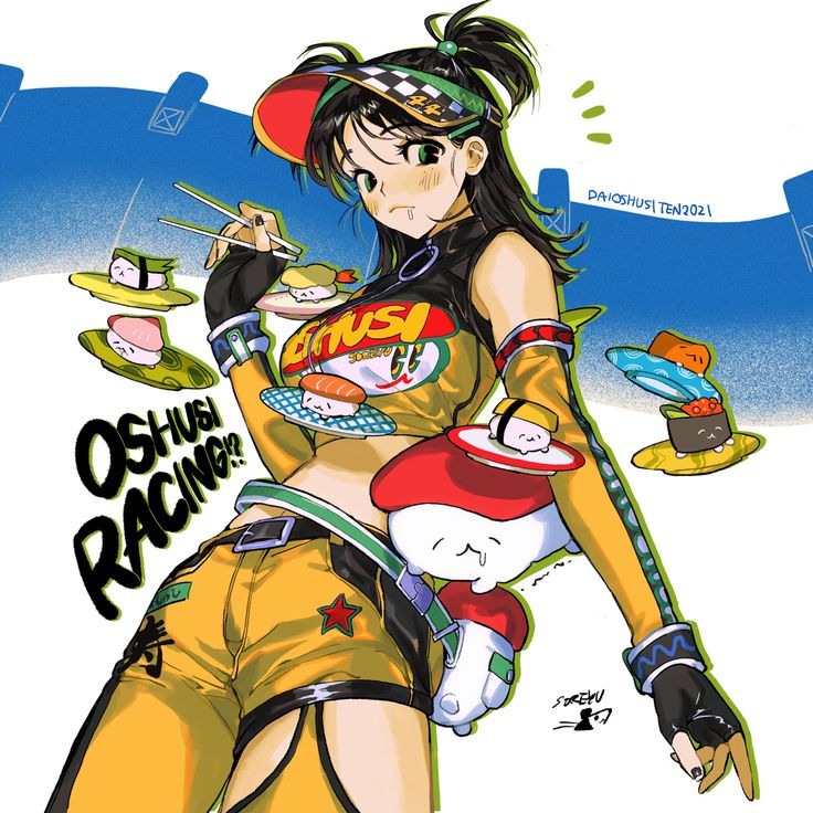 this image is an anime illustration of a cute female character in a racing suit, holding sushi and a racing mascot, with a logo that says "oshus racing".