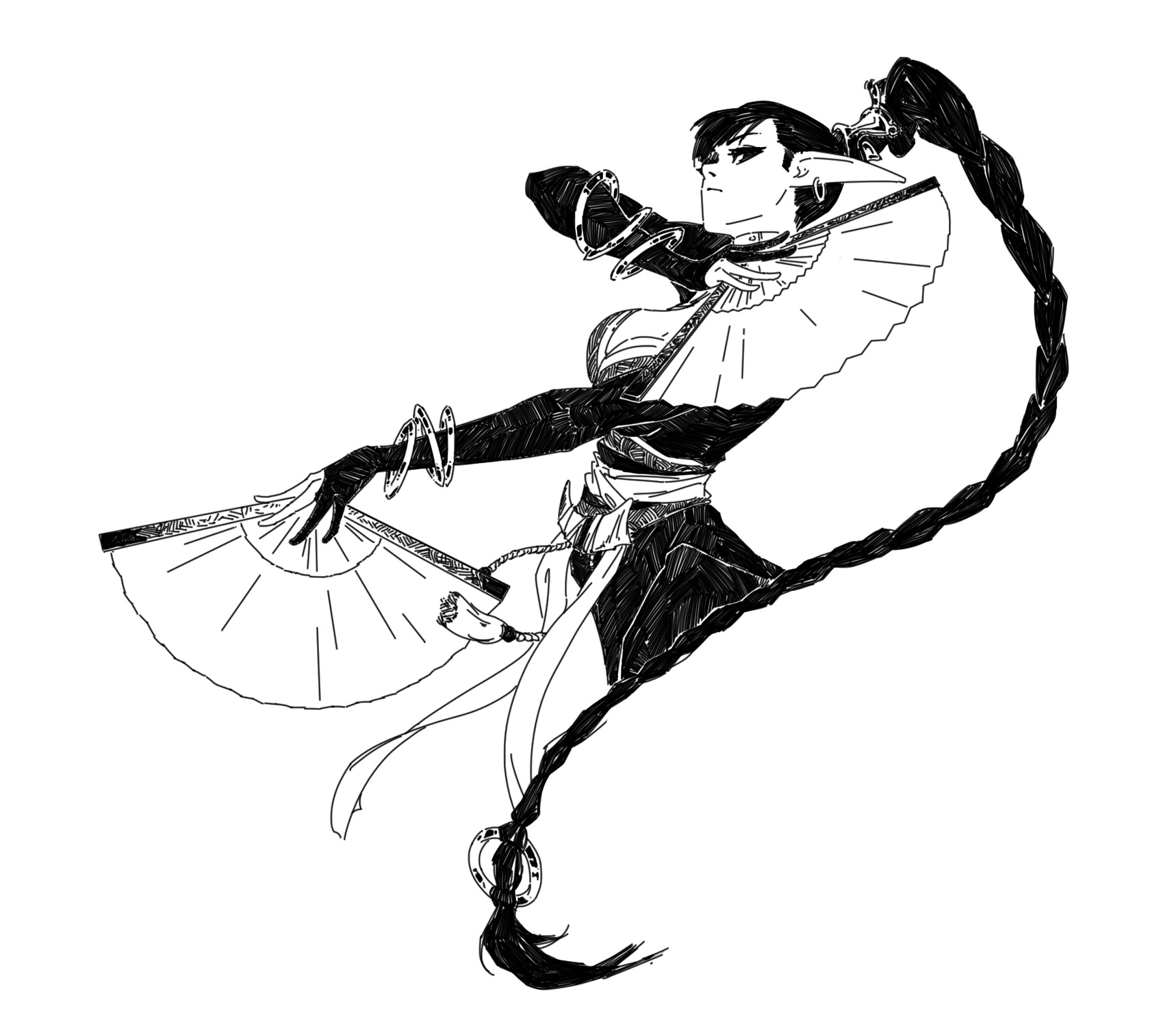 the image is a dynamic black and white line drawing of a stylized female character, possibly an elf or animeinspired warrior. she has long, braided hair that flows dramatically around her. she's depicted in a flowing outfit with ornate accessories and is holding a large, decorative fan. her pose suggests movement and grace, perhaps a martial arts stance. the style is reminiscent of manga or anime art, with heavy use of line weight and shading to create depth and texture.  the overall impression is one of elegance and power.