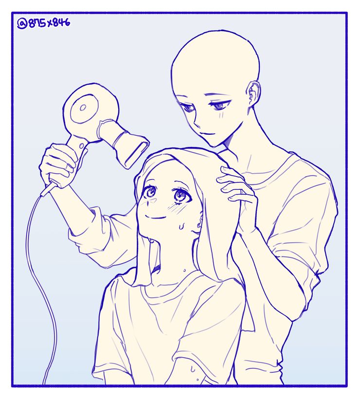 an animestyle illustration of a couple. the male character is drying the female character's hair with a hair dryer. they are both smiling and look very happy. the illustration is drawn in a simple style with black lines on a white background. the image conveys a sense of love, affection, and happiness.
