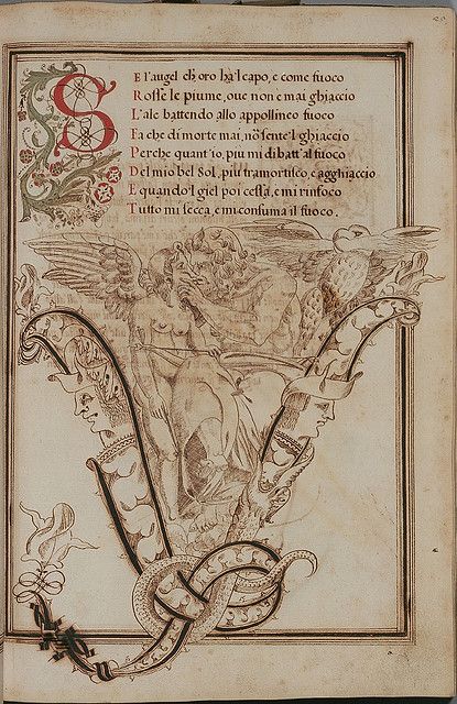 this is an illuminated manuscript page from the italian renaissance.  the illustration shows an angel with a flaming body,  a serpentine tail, and a serpent. the text reads about the fire and ice. the page is full of intricate detail and elegant calligraphy. it was created using inks and paints on parchment. this manuscript was probably used to celebrate the beauty and power of the sun and fire.  it is a beautiful example of the art of illumination from the italian renaissance.