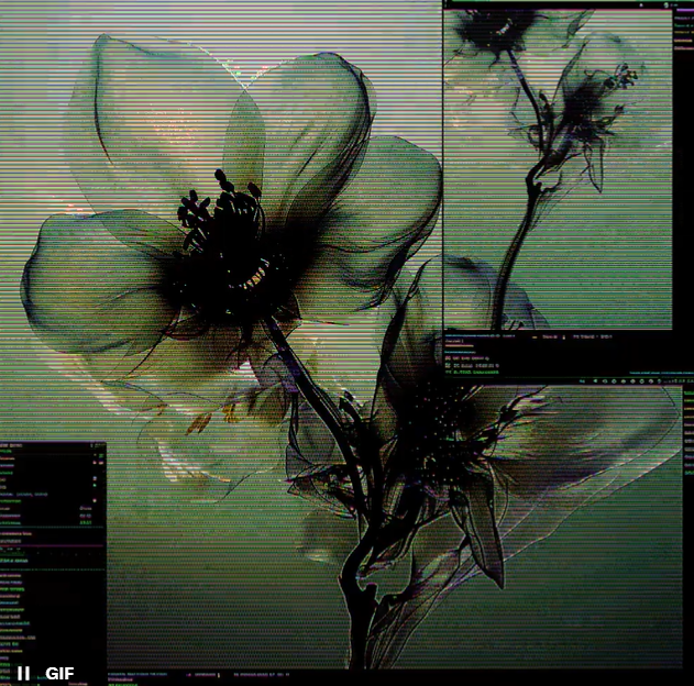 the image is a stylized digital artwork depicting a flower, possibly a type of anemone or poppy, rendered with a combination of xray or radiographic techniques and digital glitch effects.  the flower is translucent and semitransparent, revealing its internal structure.  the background features overlapping computer screens displaying lines of code, adding a technological and surreal element to the botanical subject. the overall color palette is muted greens, grays, and dark tones, creating a moody and atmospheric feel. the image is visually complex and layered, blending nature and technology in a unique and artistic way.