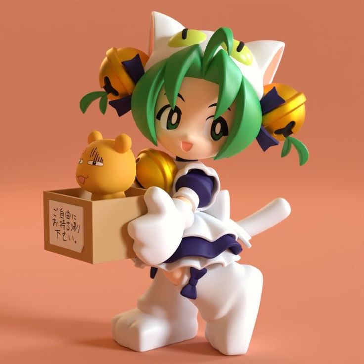 the image is a 3d render of a cute, chibistyle anime girl. she has bright green hair, cat ears, and is wearing a maid outfit in shades of purple and white. the girl is carrying a box containing a smaller, orange animallike character.  the box has japanese writing on it. the overall style is highly stylized and reminiscent of japanese kawaii aesthetics.  the background is a simple, solid peach color that helps the brightly colored character stand out. the rendering style is smooth and polished, with attention to detail in the character's features and clothing.