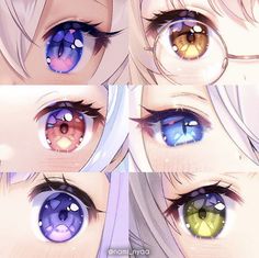 the image showcases six closeup illustrations of animestyle eyes, each with a distinct color and sparkle. the eyes are expressive and captivating, highlighting the intricate details often seen in anime art.  the soft lighting enhances the colors and creates a gentle ambiance.