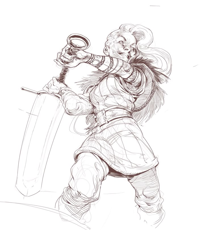 an ink drawing of a female viking warrior with a sword and axe. she is wearing fur armor, braids, and a belt. she is in an action stance, ready for battle. the drawing is a detailed sketch with crosshatching to create shading and depth.