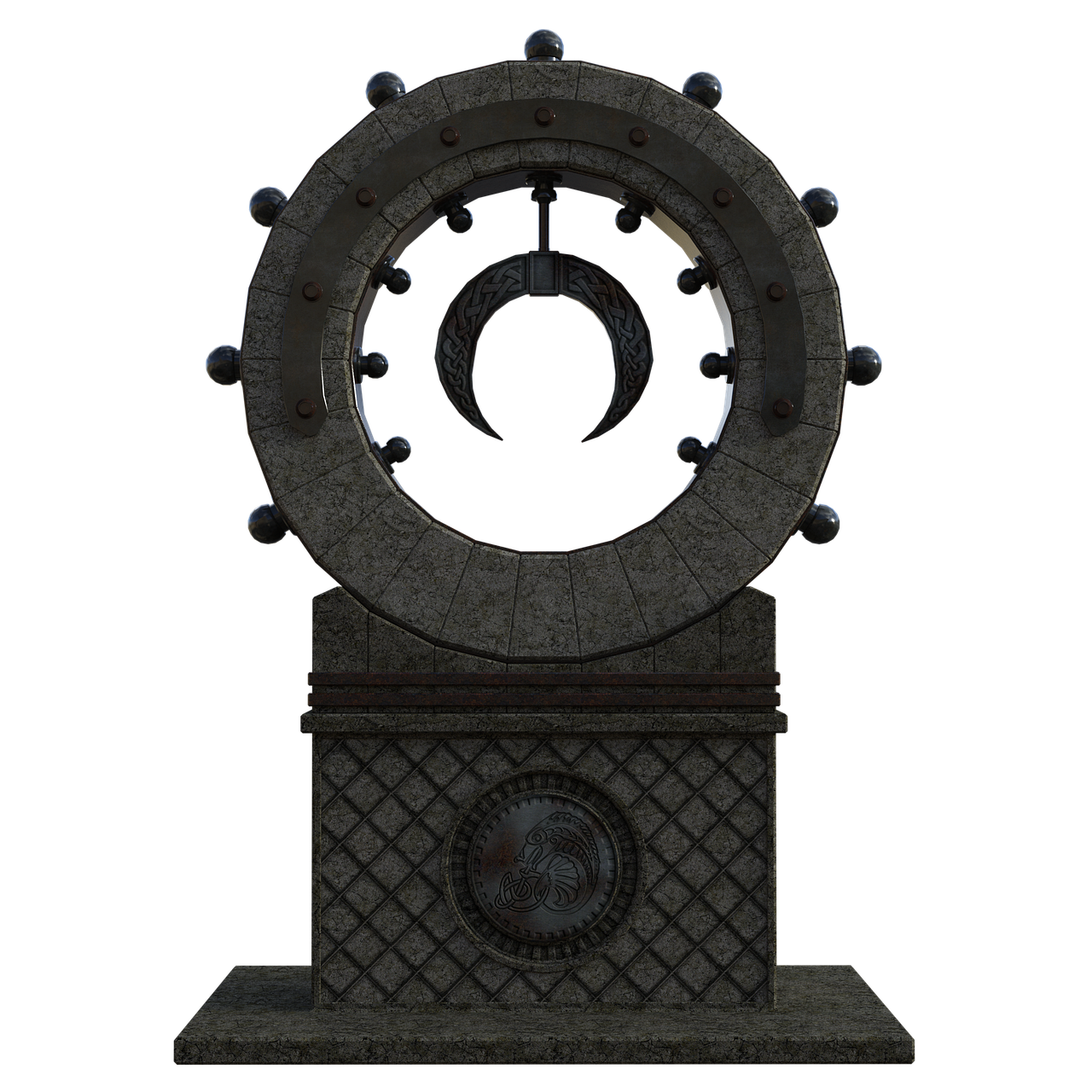 the image features a stone structure with a circular frame adorned with orbs and metal accents. a lunar symbol hangs within the circle. the structure is mounted on a stone base, which has an intricate pattern and a circular metal plate. the overall appearance suggests an aged, ancient relic or a decorative object with ritualistic significance.