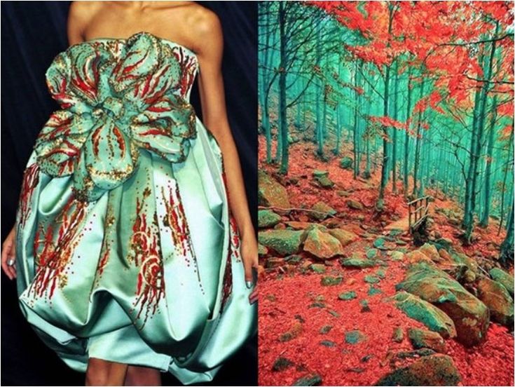 a woman in a beautiful green dress with a large red and gold bow on the front. the model is posed against a backdrop of a colorful forest, which is green with red leaves falling on the ground. the woman is wearing a large, ornate bow on the front of her dress. the forest is in the background and has a red path leading to a bridge. the colors of the dress and the forest are complementary and create a visually appealing image.