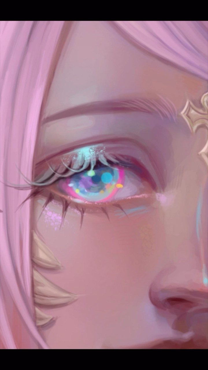 he image is a closeup digital painting of a girl's eye. the style is animeinspired, with a focus on soft pastel colors and intricate details. the girl has long pink hair, and her eye is large and expressive, with a captivating iridescent effect. her eye is adorned with what appears to be a part of an ornate headpiece.  the overall mood is dreamy and ethereal, creating a magical and enchanting effect. the artist’s focus on details such as the eyelashes and the reflective quality of the eye makes the image exceptionally captivating.