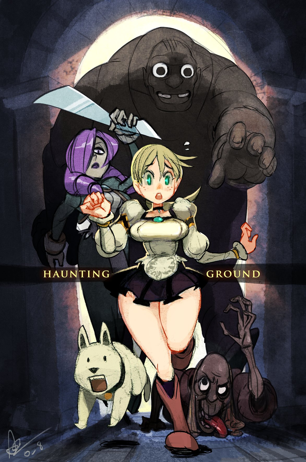 the image is a fan art rendition of the video game haunting ground, featuring the main character fiona belli in the center, with her canine companion hewie to her left. behind fiona are two of the antagonists, debilitas, a large hulking figure wielding a cleaver, and daniella, a dolllike woman with purple hair. to the right is another antagonist, ricordo, crawling on the ground. the background suggests a dark, gothic setting. above the characters, the title "haunting ground" is written in a stylized font.