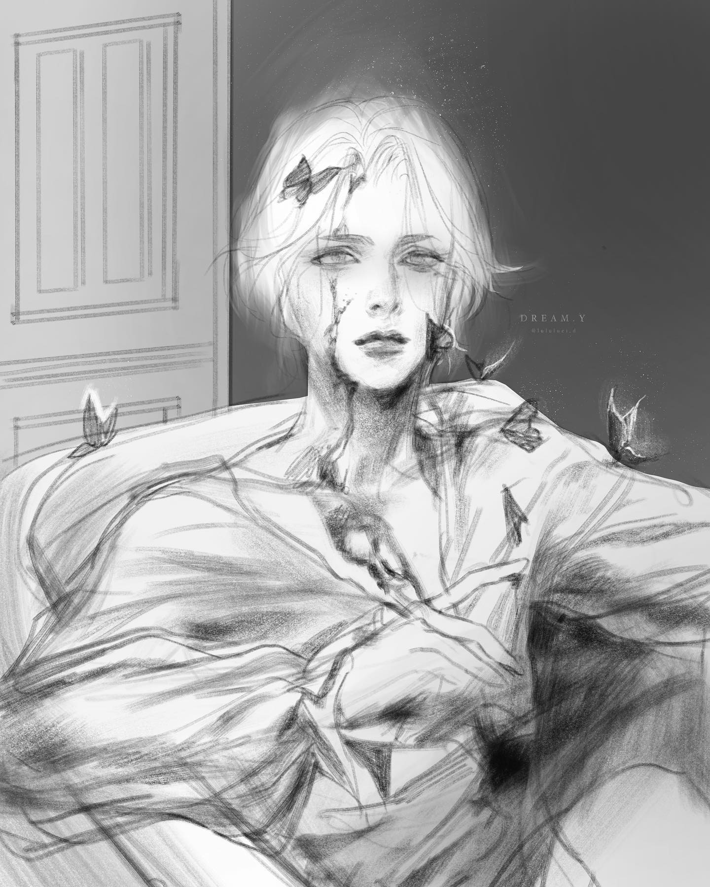 the image is a grayscale sketch of a young man with short hair, depicted in a state of sorrowful repose. he sits leaning back, his eyes downcast, surrounded by butterflies that seem to be drawn to him. several butterflies are perched on his body, even on his face, which bears markings suggestive of scars or decay.  the setting appears to be a room with a paneled door visible in the background. the overall atmosphere is one of melancholy and ethereal beauty, hinting at themes of death and transcendence. the soft, diffused lighting from the top left further enhances the dreamlike quality of the artwork.