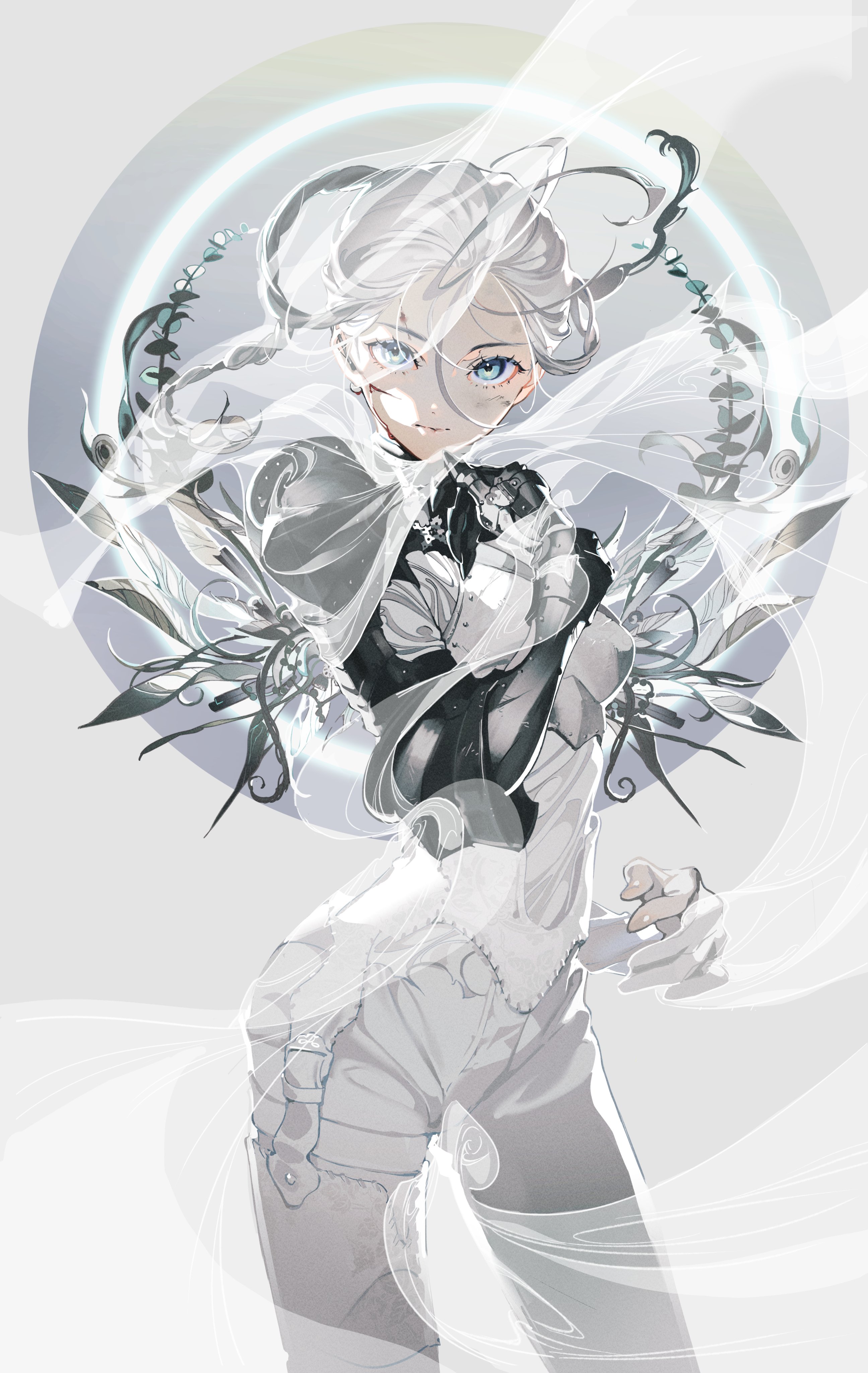 a whitehaired girl with piercing blue eyes is the focal point of this illustration. she's clad in a formfitting white outfit with intricate mechanical details, suggesting a futuristic or fantasy setting. large, feathery wings, almost translucent and adorned with intricate patterns, sprout from her back. a soft, ethereal halo encircles her head, further enhancing the otherworldly aura of the image. the overall color scheme is predominantly white and gray, with subtle variations in shading and texture creating a sense of depth and dimension. her determined expression and dynamic pose suggest a character full of strength and resolve.