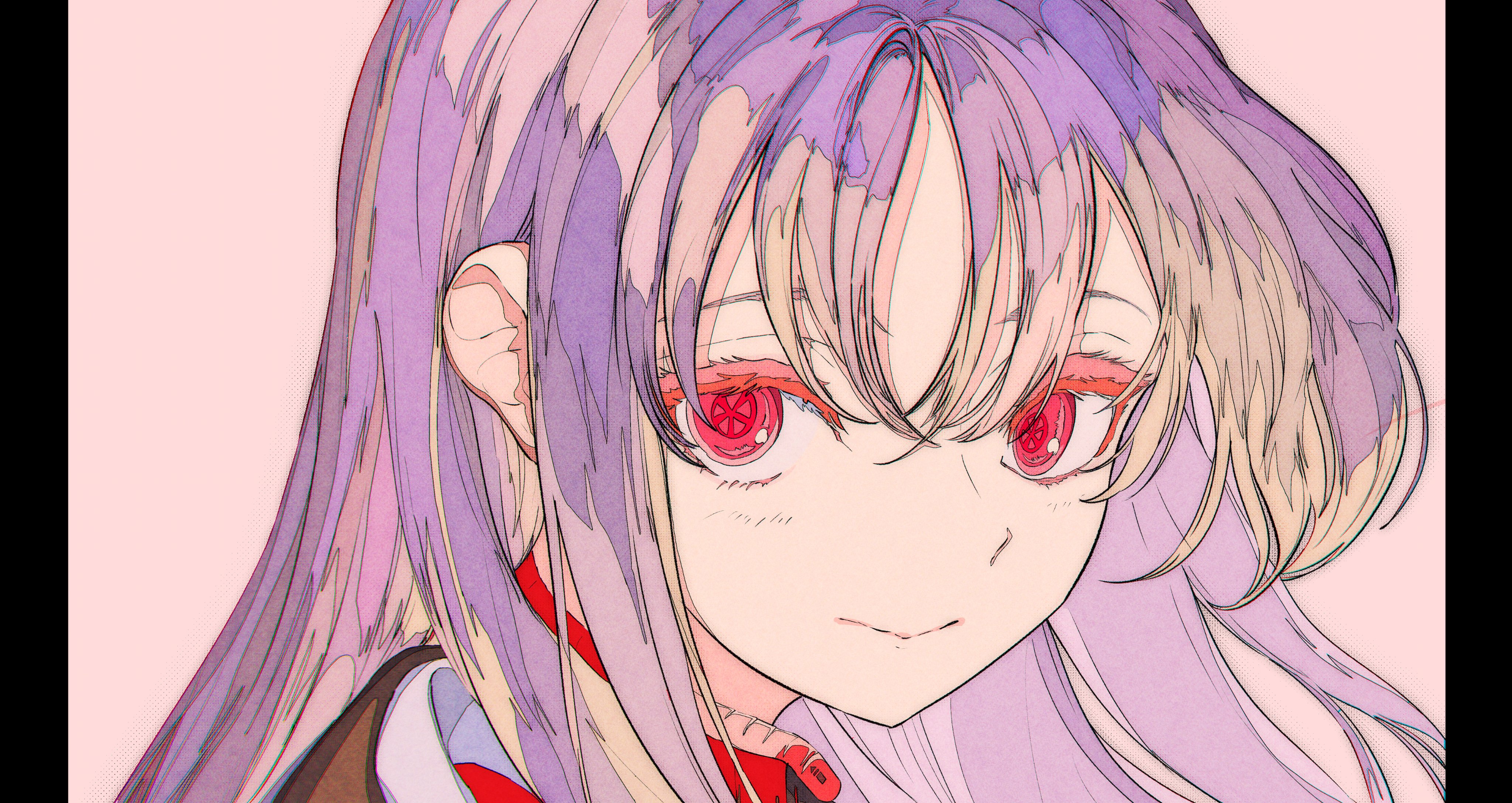 the image is a closeup digital drawing or illustration of an animestyle girl.  she has long, flowing purple and light blonde hair, bright red eyes, and a subtle smile.  the art style is detailed, with visible strokes and texture. the background is a soft pink. the overall impression is one of cuteness and stylish fantasy.