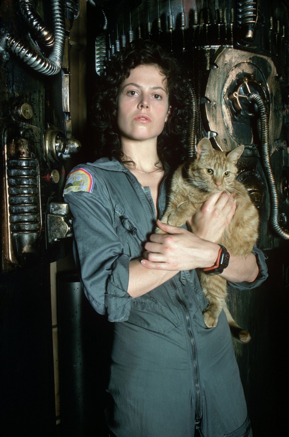 a woman wearing a dark grey jumpsuit, a possible future space suit, is holding a ginger cat.  she is standing in front of a  dark spaceage set,  with metal pipes and pipes with holes. the woman looks straight at the camera and the cat has its head resting on her arm,  looking forward.  the woman’s face is serious.