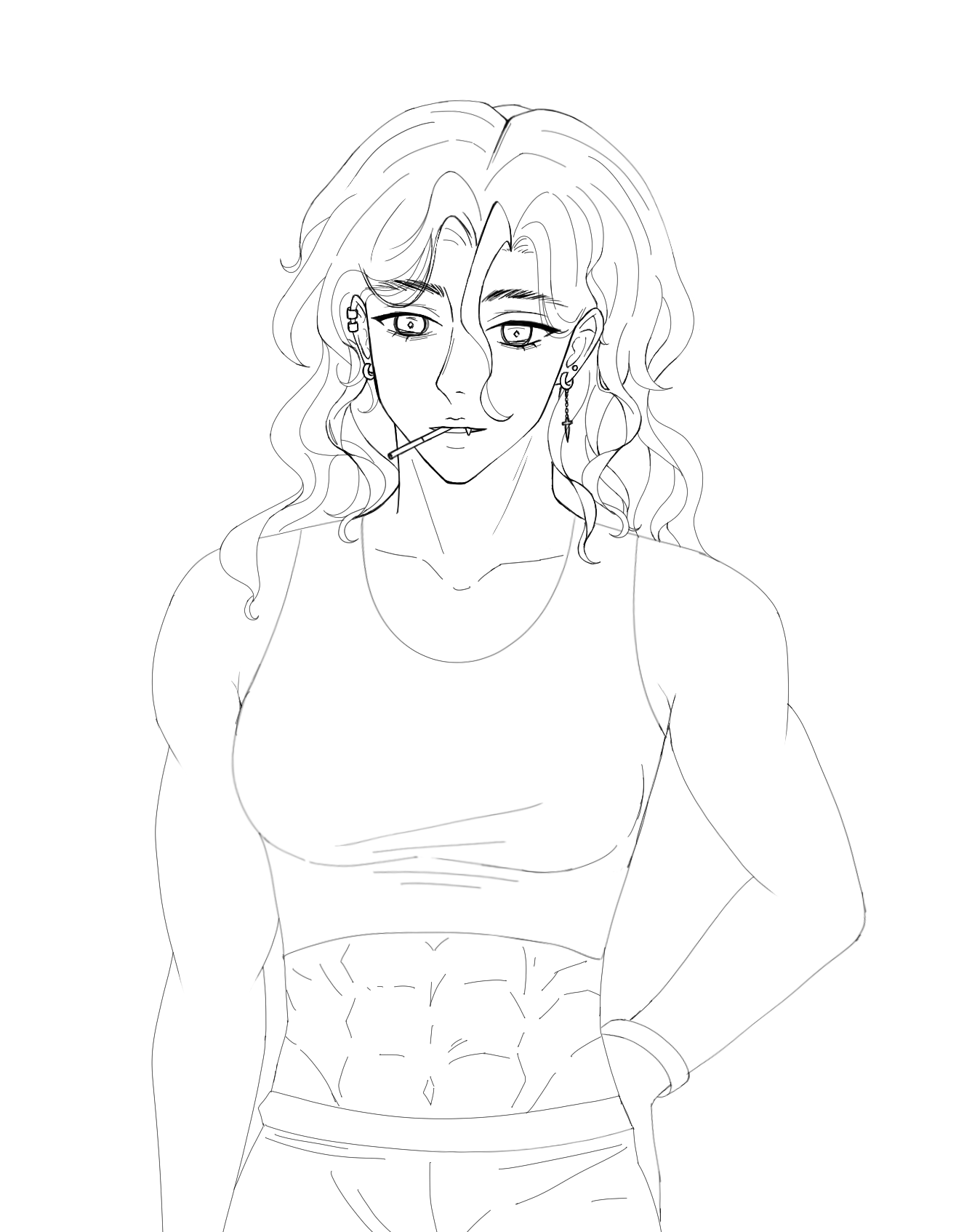 the image is a black and white line drawing of a muscular man with long hair. he is wearing a tank top, showcasing his welldefined abs. he has multiple earrings and a toothpick in his mouth. the art style resembles anime.