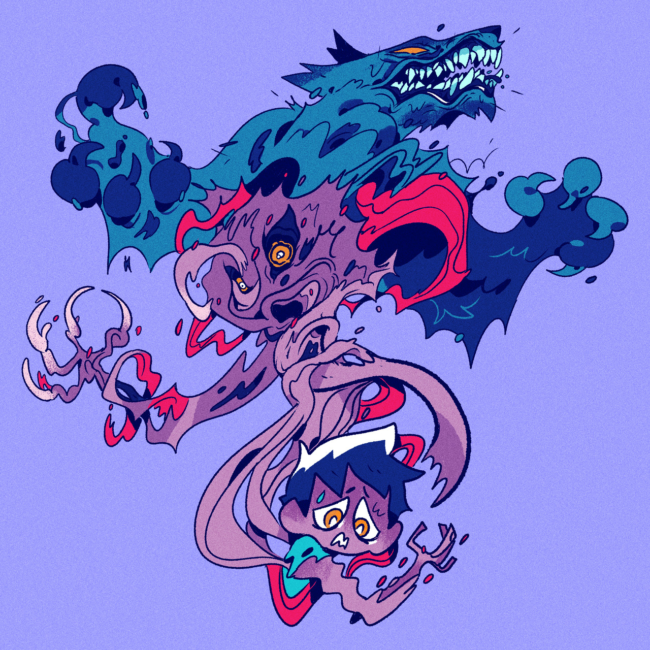 the image is a vibrant, stylized digital illustration depicting a surreal scene. a young child with a worried expression appears to be trapped or enveloped by a monstrous, amorphous creature.  the creature is a chaotic blend of organic and inorganic shapes, incorporating elements of a werewolflike head with sharp teeth and claws.  the overall color palette is predominantly purple, with contrasting splashes of blue, red, and pink, enhancing the unsettling yet captivating nature of the artwork. the style is reminiscent of graphic novel or comic book art with bold lines and expressive character designs. the piece conveys a strong sense of fear, anxiety, and perhaps a transformation or metamorphosis occurring.