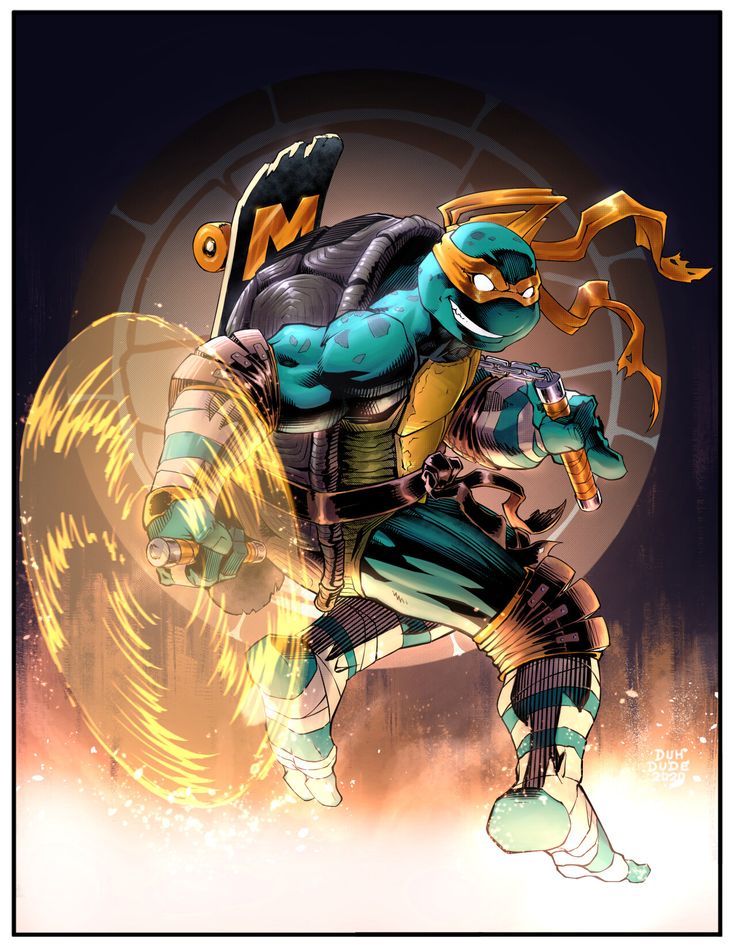 this is an image of a teenage mutant ninja turtle, michelangelo, in a comic book style illustration. michelangelo is in action pose, wielding his katana, skateboarding, and surrounded by a swirling effect.  he's wearing his signature orange mask and bandana, and his shell and body are a teal green color.  the background behind him is dark blue, featuring a stylized circular pattern.