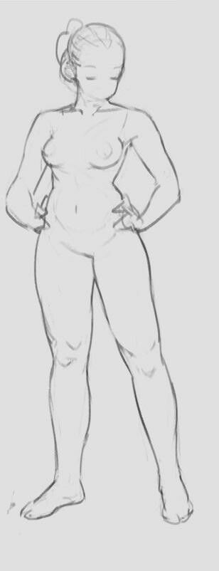 a pencil sketch of a female figure standing with her hands on her hips. the style is loose and gestural.