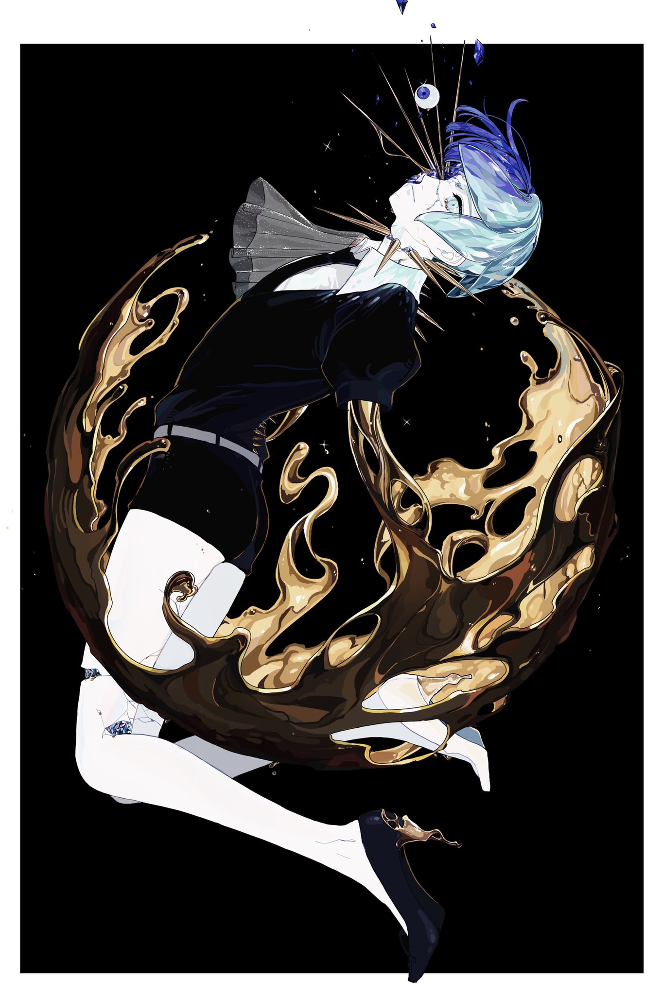 an illustration of phosphophyllite from houseki no kuni against a black background. the character has blue hair, fair skin, and is wearing a black dress with white tights and black heels. gold, liquidlike substance swirls around their body, with shards of gems piercing their head and an eye floating above them. the pose is dynamic and elegant.