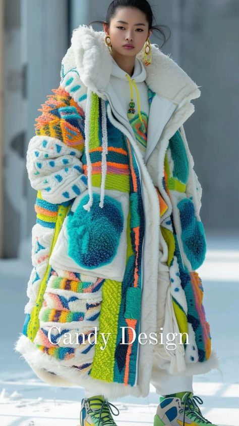 a young woman with black hair and wearing a colorful knitted fur coat poses outdoors. the coat is a patchwork of different colored yarns and textures, with bright green, blue, yellow, orange, pink, and purple patches. she wears green and white sneakers.