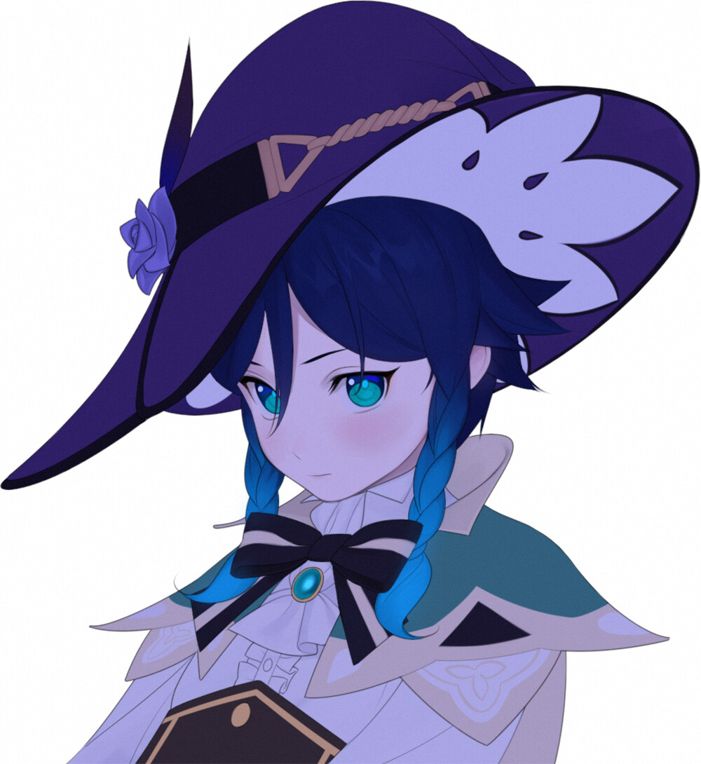 a digital drawing of lisa minci, a character from the game genshin impact. the portrait shows her from the chest up, turned slightly to the left. she is wearing her signature hat and outfit and has a slight blush on her cheeks.