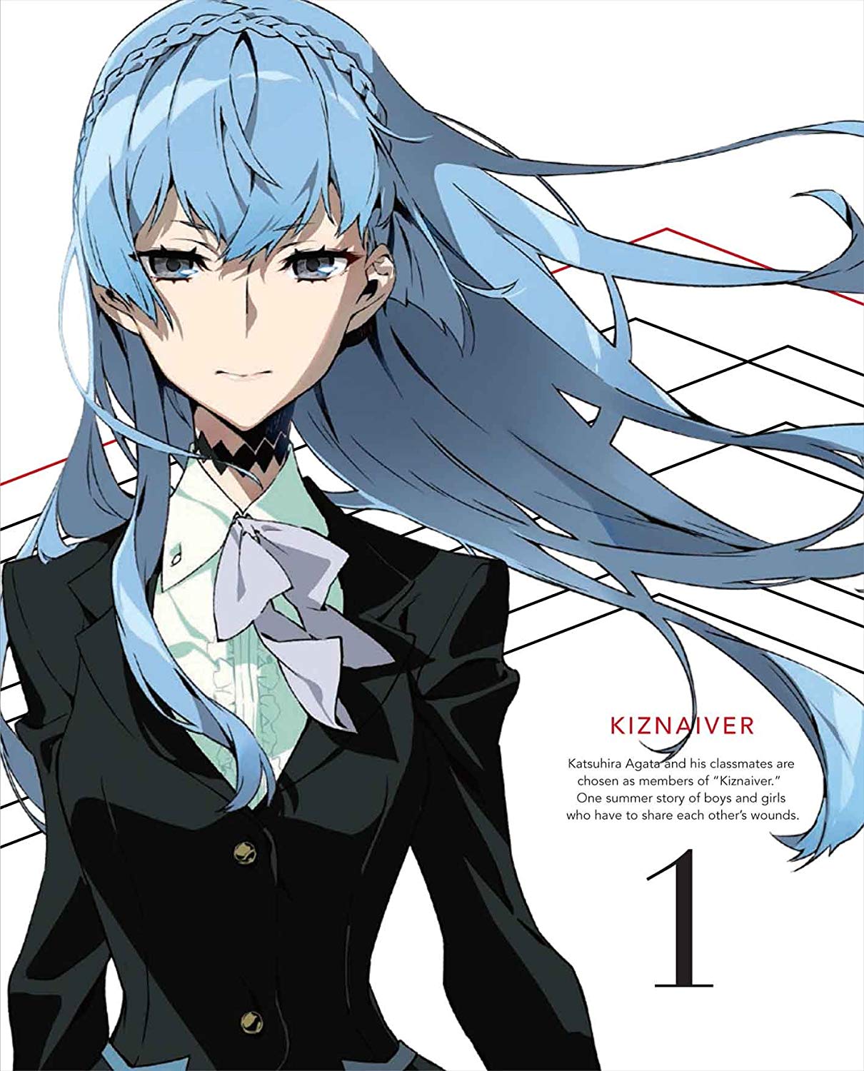 this image is the cover art of the first volume of the manga "kiznaiver." it features a young girl, katsuhira agata, with bright blue hair. she's wearing a black and white school uniform with a black choker. her expression is serious. the background is plain white, which makes the character stand out. the title "kiznaiver" and the volume number "1" are prominently displayed. there's also a short synopsis of the story on the bottom right.