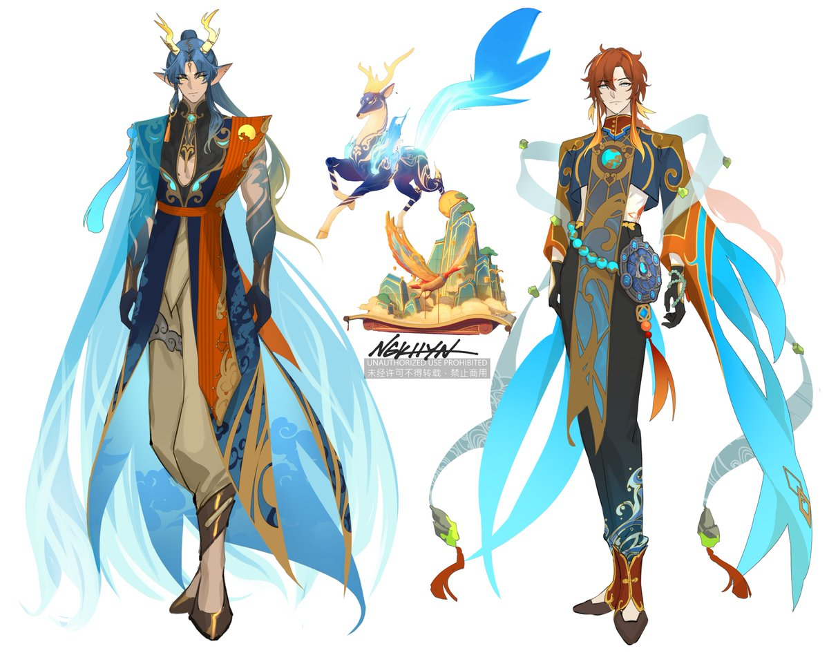 this image shows the front and back view of two male characters dressed in elaborate blue and orange outfits. their outfits have a water motif, and the one on the left has long blue hair and horns. there is a small statue of a deer with fish features in the center of the image.
