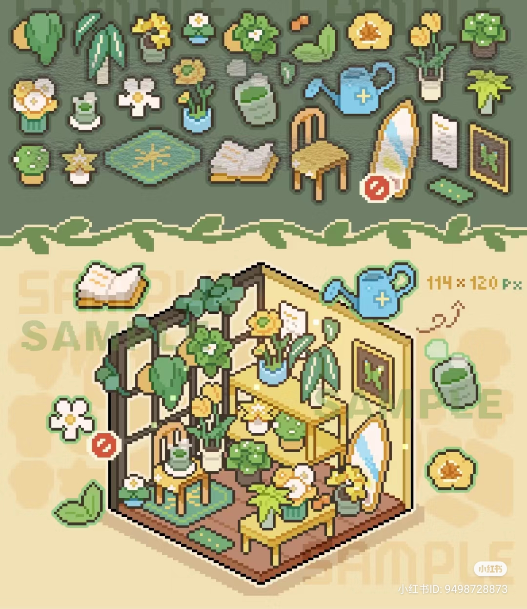 the image shows a pixel art design of a sunroom filled with plants and furniture. the sunroom has large windows that allow natural light to illuminate the space. the image includes a topdown perspective of the room layout, along with individual elements that can be used to customize the space.