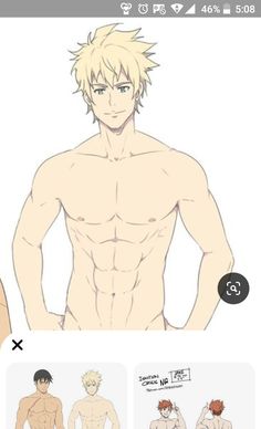 a shirtless, muscular, animestyle man with spiky blonde hair is standing in the center of the image. the image appears to be a character design sheet, with smaller sketches of the same character in different poses below the main image.