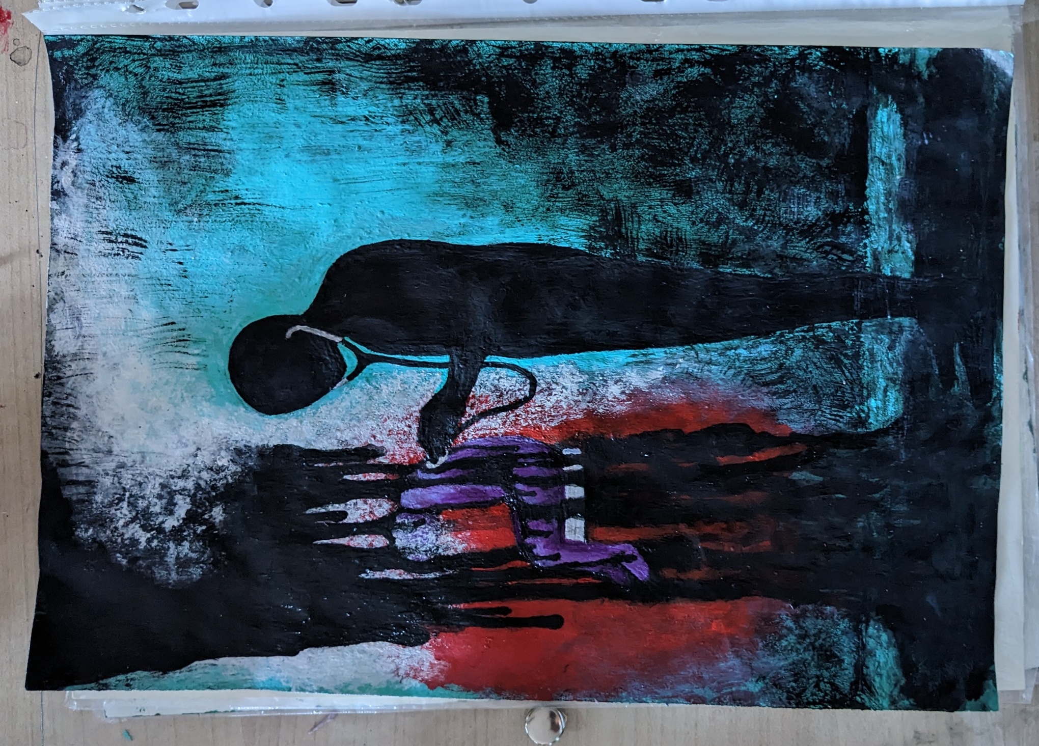 this is an abstract painting that depicts a doctor examining a patient. the doctor is a silhouette, and the patient is a purple figure that is dripping down the side of the painting. the background is a mixture of red, blue, and black. the painting is very expressive and emotional, and it can be interpreted in many different ways. some possible interpretations include the loss of a patient, the struggle to save a life, or the burden of illness.