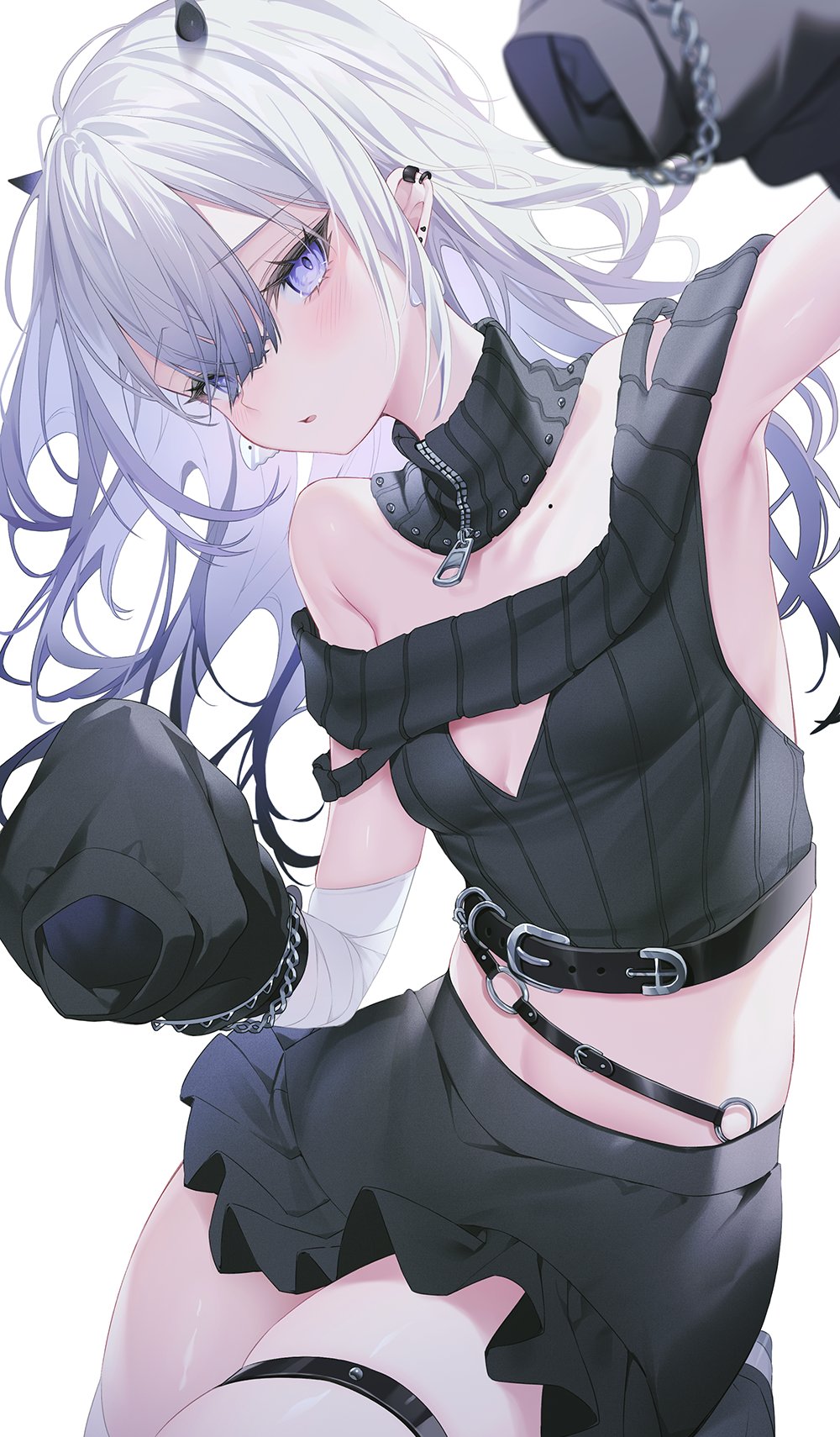 the image is a digital illustration of an anime girl with long, wavy white hair and blue eyes. she is wearing a dark, edgy outfit that includes a black top with cutouts, a short black skirt, fingerless gloves, and chains. she's also wearing boxing gloves, and her style has gothic and punk elements. the overall aesthetic is dark, but the character's features and expression give her a cute and beautiful look. the art style is detailed, with smooth shading and soft colors, creating a visually appealing piece.