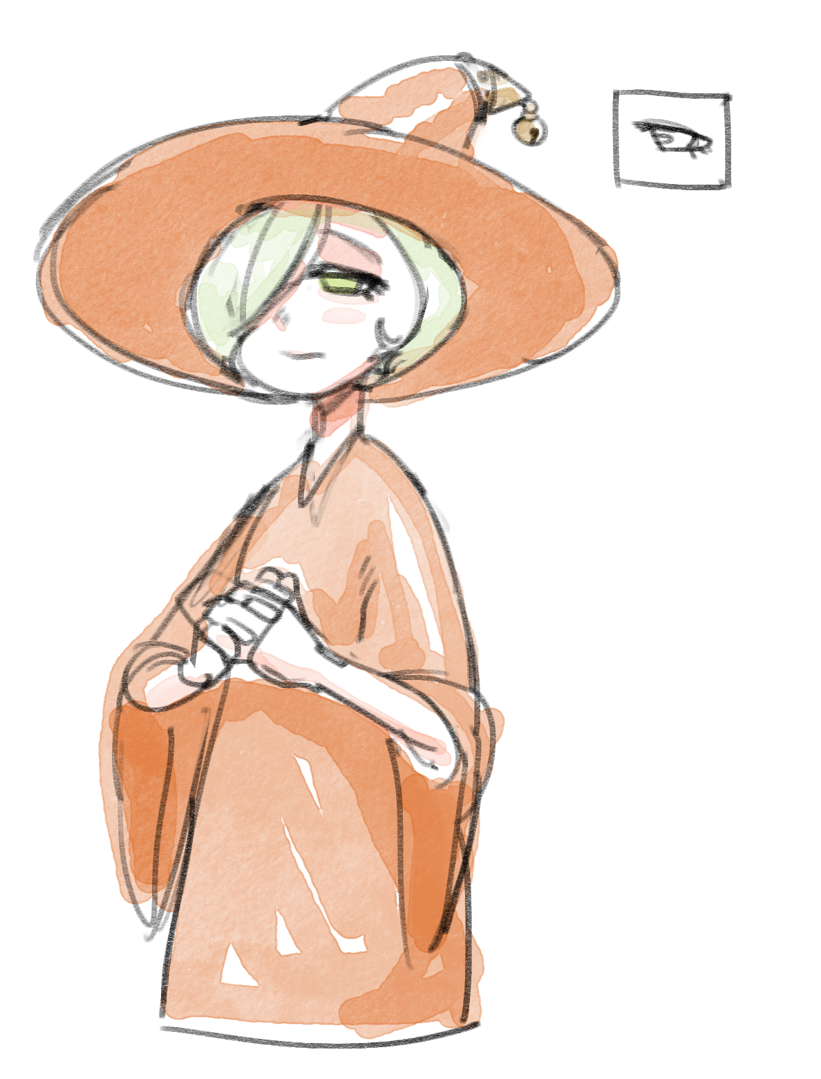 a cartoon witch with a large, round hat and a long robe. she is holding her hands together in front of her. the witch's robe, hat, and hair are all the same color  orange.  the image is done in a watercolor style and has a whimsical, childlike feel.