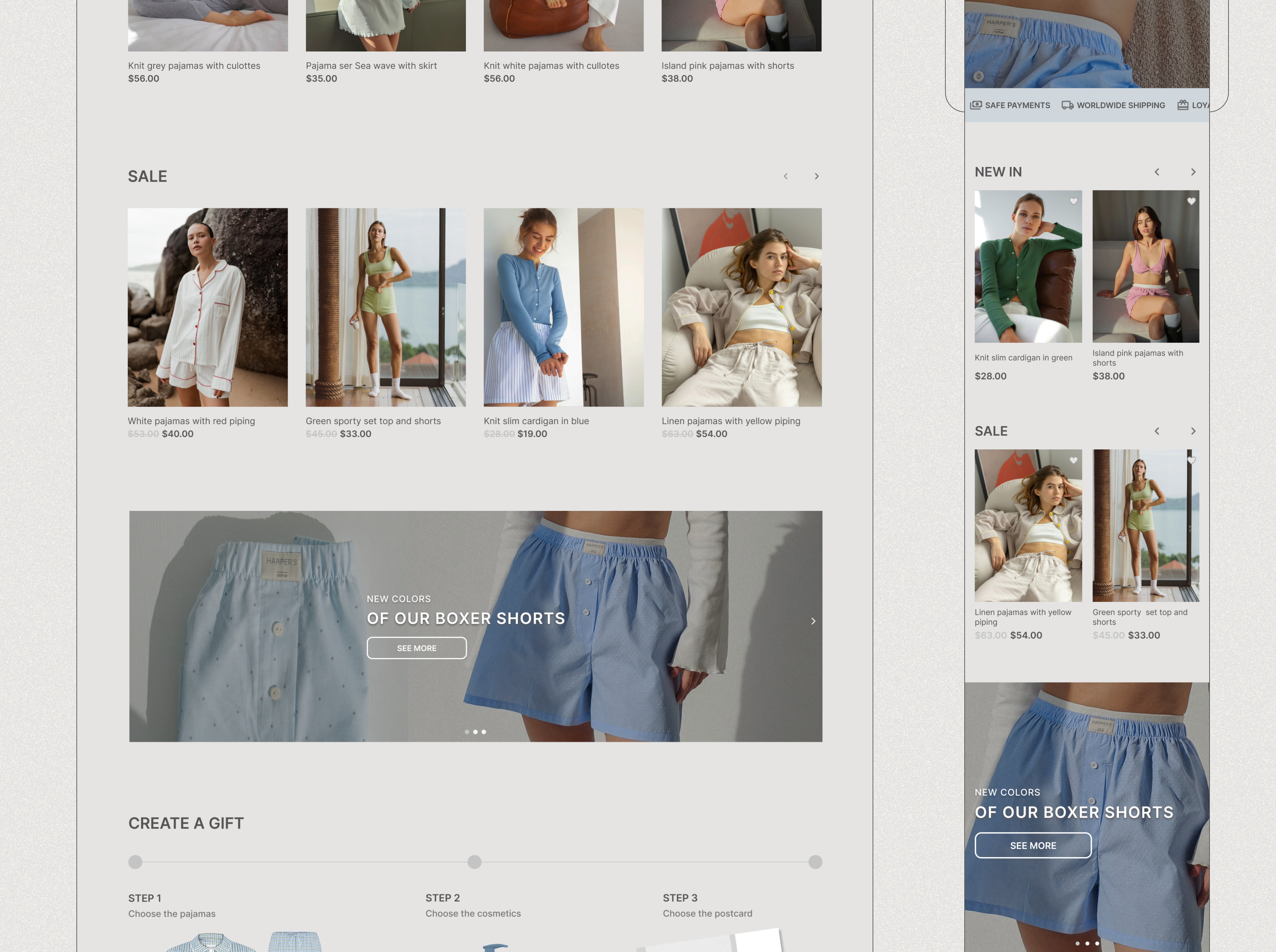 he image shows a screenshot of an online clothing store's website.  the website features various women's clothing items including pajamas, shorts, and cardigans.  products are organized into sections like "sale" and "new in."  the website uses highquality images of the clothing items and provides prices for each. there is also a "create a gift" section, guiding users through selecting items for a gift. the overall color scheme is light and airy, and the layout is clean and easy to navigate.