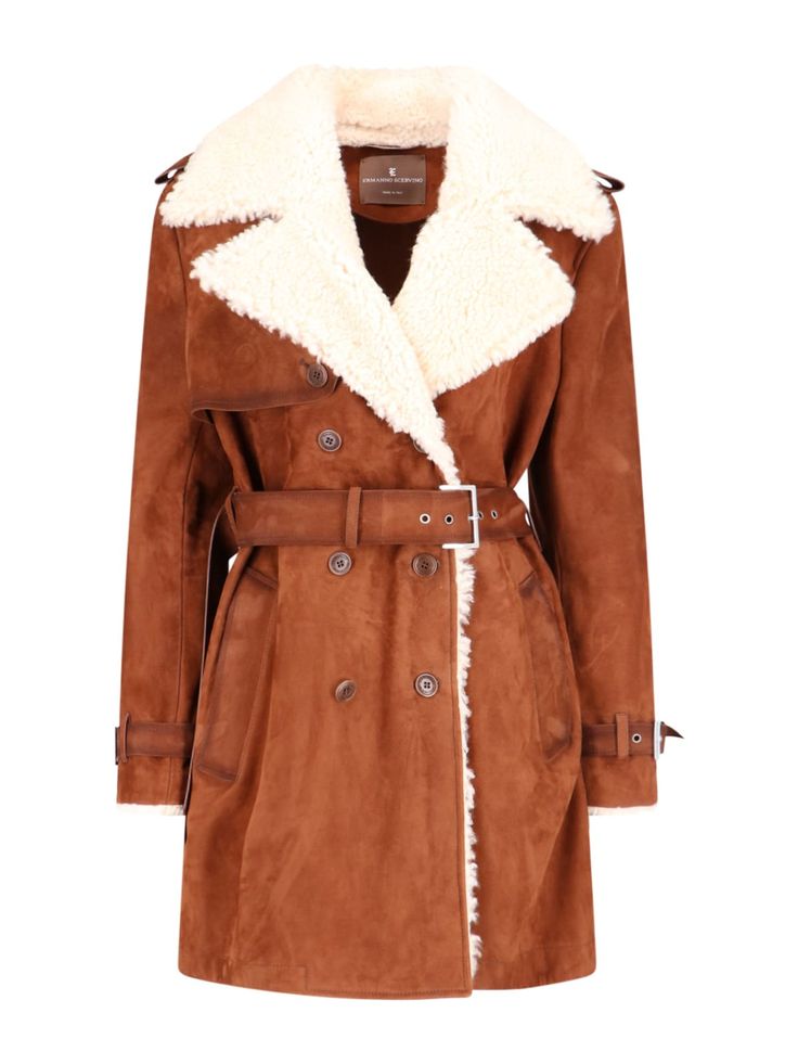 a brown suede trench coat with a  faux fur collar,  button closure, belt, and a furlined interior. the jacket is longsleeved and has a fitted silhouette.