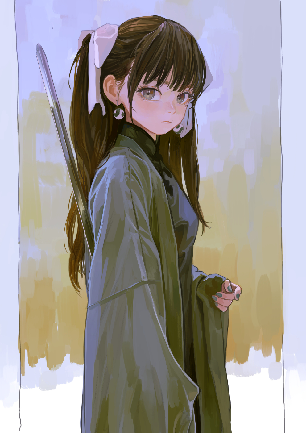 a digital illustration of an anime girl with brown hair styled in pigtails with white ribbons. she wears earrings and a dark green qipao, and she carries a sword on her back. she looks towards the viewer with a serious expression. the background is a mix of light blue and yellow hues.