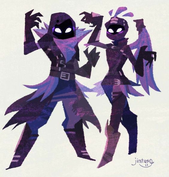 two characters from the video game fortnite are posing against a white background. both characters wear dark purple costumes that cover their entire bodies, including their faces. one character wears tall boots and has a tattered cloak and winglike protrusions from its back. the other character has similar wings but wears heeled boots and has a more feminine physique.