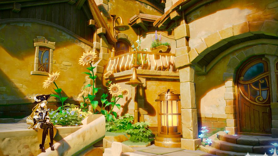 the image is a vibrant, sunlit screenshot from the video game genshin impact.  it depicts a charming, yellow building with art decoinspired architectural details, such as ornate windows and a decorative balcony.  a female animestyle character with blonde hair and a dark outfit sits on stone steps in front of the building, surrounded by sunflowers and other garden plants. a lit lantern stands near the building's entrance. the overall style is whimsical and fantastical, with a high level of detail in the architecture and environment. the scene is bathed in warm, sunny light.