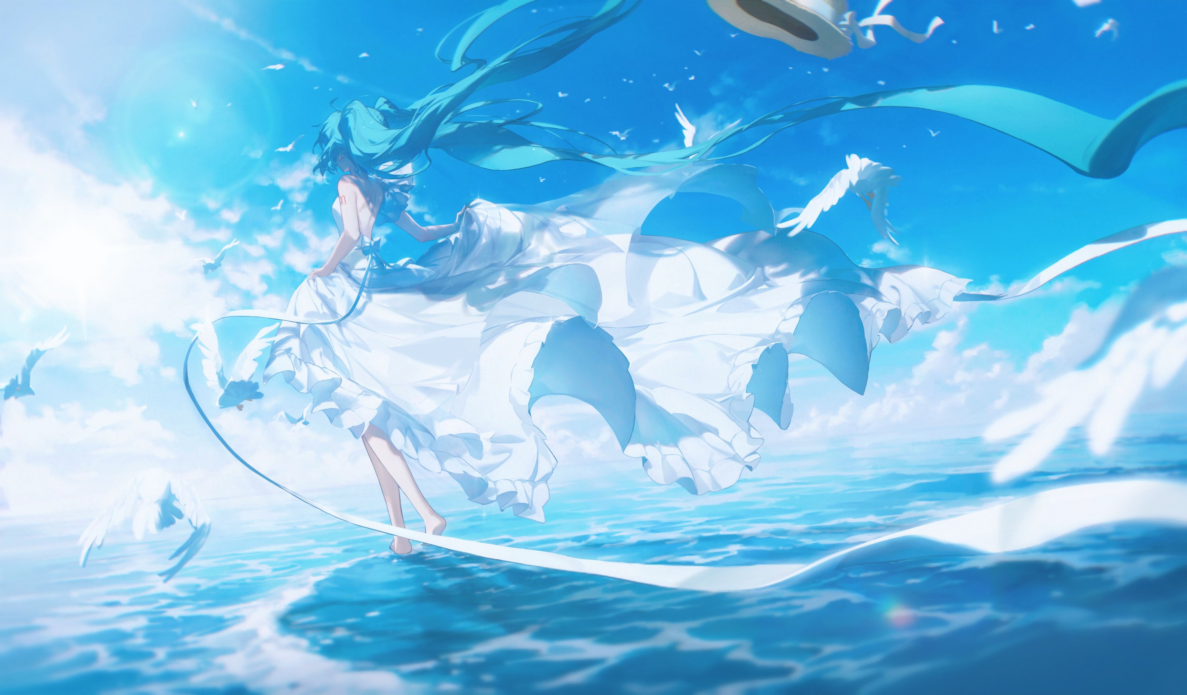 anime style image featuring hatsune miku in a white dress walking barefoot on water under a bright blue sky with white clouds. her long blue hair and ribbons flow in the wind. white birds fly around her. a hat floats in the sky. the sea has gentle waves and reflects the sunlight.