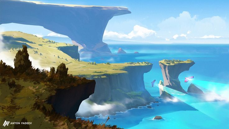 a digital painting by anton fadeev depicts a fantasy landscape with cliffs overlooking a bright blue ocean. islands dot the seascape, and a stylized aircraft flies between two of the islands. the sky is light blue with scattered white clouds. the cliffs are topped with grassy areas.