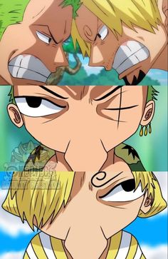 the image features a stylized, closeup depiction of three characters from the anime and manga series one piece: zoro, sanji, and usopp, collectively known as the monster trio. they are drawn in a chibi style with exaggerated features, emphasizing their comical and fierce expressions.  the image is split into three sections, each focusing on one character's face.  the background is minimal, with hints of green and brown, likely suggesting an outdoor setting.