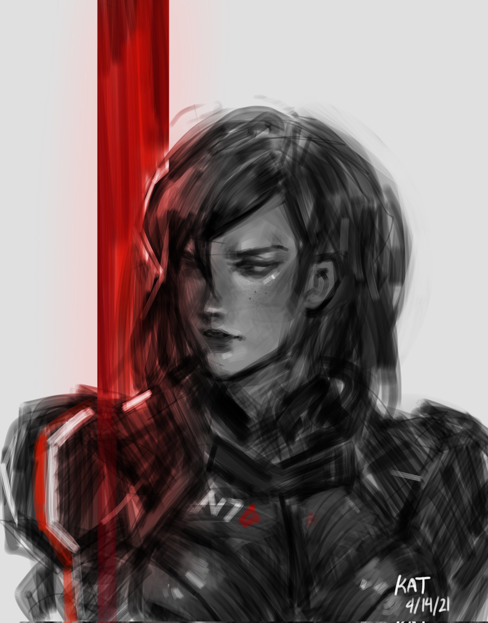 the image is a digital painting of a female character, possibly fanart inspired by the mass effect video game series, judging by the n7 symbol on her armor. she has dark hair, and a serious, almost brooding expression. her attire suggests a soldier or warrior in some futuristic setting. the style is loose and painterly with visible brush strokes, creating a moody and atmospheric effect. a strong vertical red line is present, juxtaposed against the mostly grayscale tones of the figure and background. the overall mood is somber and intense. the artist's signature and date are visible in the bottom right corner.