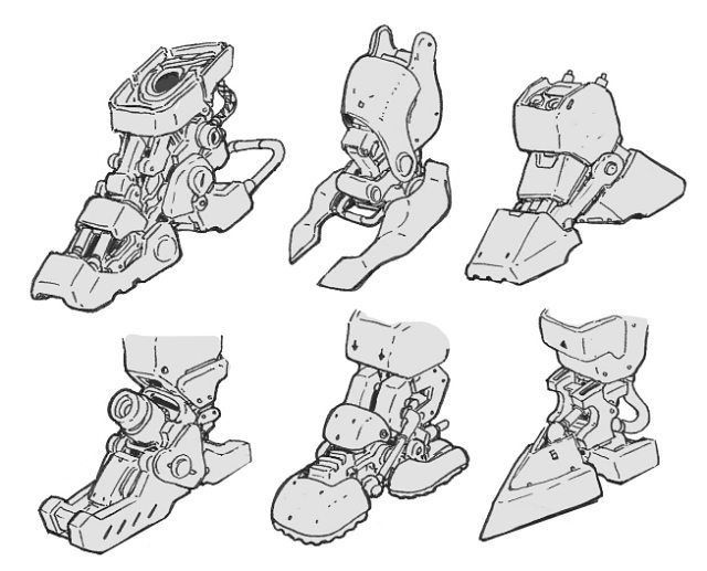 the image presents six detailed sketches of robotic legs or feet. rendered in black and white, the drawings highlight the intricate mechanical design of each piece.  each design showcases a different style and potential functionality, emphasizing joints, pistons, and armor plating.