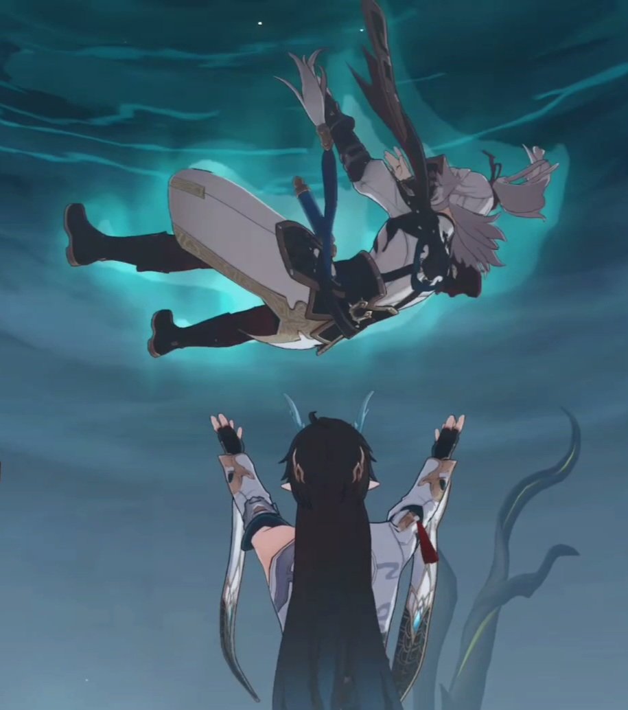 a female anime character in a white and blue dress is falling from the sky towards a body of water. she is surrounded by a blue aura. a second character is looking up at her with their arms outstretched. the second character has long black hair and is wearing a white dress. they are in a fantasy setting.
