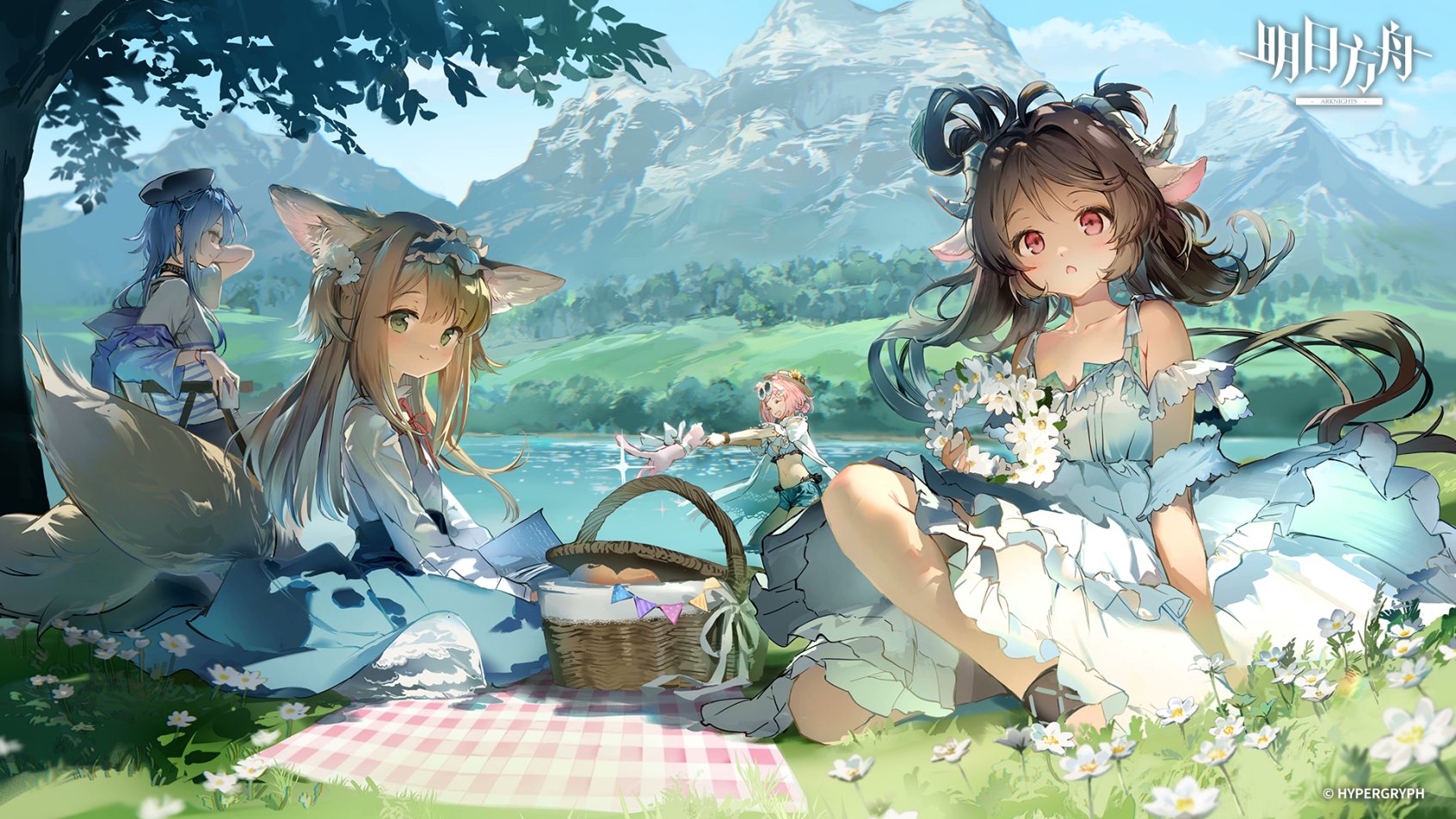 the image is a digital illustration featuring four animestyle girls enjoying a picnic by a lake in a picturesque mountain setting.  the girls have animalistic features, including fox and goat ears. they're dressed in light blue and white dresses and are surrounded by wildflowers. a wicker basket with food sits on a checkered picnic blanket beside them. the overall aesthetic is soft, dreamy, and peaceful.  the style is reminiscent of anime and video game art, and the background suggests a fantasy setting. the watermark "hypergryph" indicates the artwork may be associated with that company.