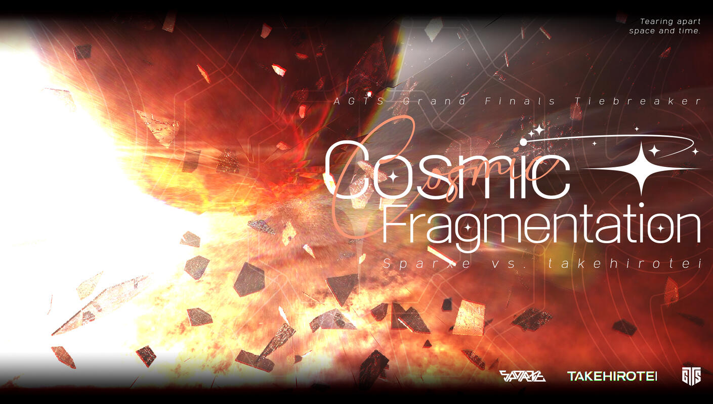 he image is a vibrant digital art piece depicting a cosmic explosion or fragmentation event. it's designed as a poster or promotional material for a tiebreaker match in the agts grand finals between players spare and takehirotei.  the background is dominated by fiery orange and red hues with fragments of what look like shattered celestial bodies scattered across the scene. the title "cosmic fragmentation" is prominently displayed in a stylized font, along with the names of the competing players and their respective logos. the overall aesthetic is dramatic and visually striking, creating a sense of intensity and high stakes.  text at the top mentions "tearing apart space and time" adding to the dramatic effect.