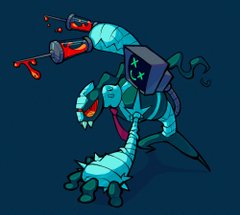 a stylized digital illustration of a monstrous creature with robotic limbs, syringes protruding from its back, and a computer monitor for a head. it stands against a dark blue background, its glowing green eyes and the red dripping from the syringes adding to its menacing aura. the creature is posed aggressively, highlighting its sharp claws and powerful build.
