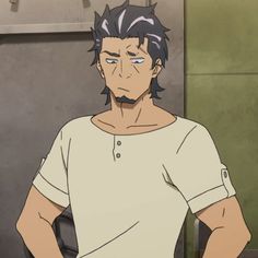 a digital illustration shows the torso of an adult male anime character with short, dark hair and a goatee.  he is wearing a shortsleeved, creamcolored henley shirt.  he is standing indoors and appears to be deep in thought. the lighting is soft.