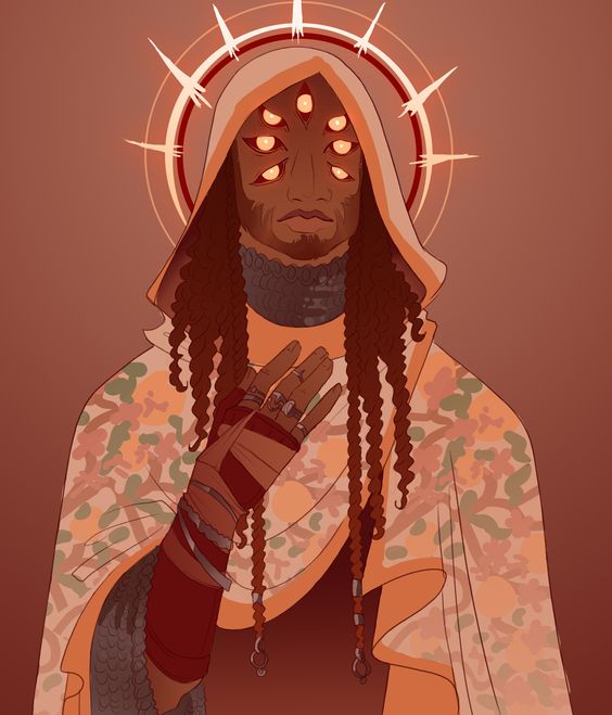 a digital illustration of a dark skinned man with long locs and six eyes. he's wearing a hooded cloak with a chainmail undershirt. he has a gold halo behind his head, punctuated with sharp lines. his right hand is raised with his index finger and thumb touching, and his other fingers are adorned with rings.