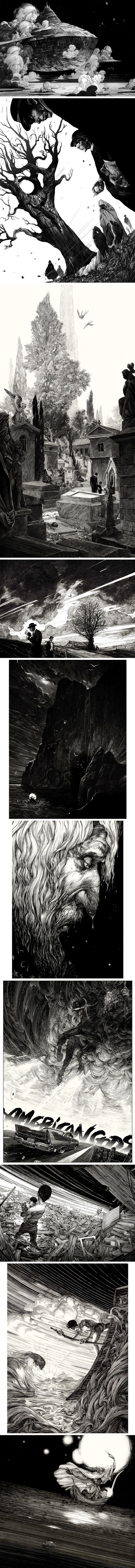 he image is a series of black and white, blurry, abstract images stacked vertically. each image suggests a different scene or landscape, ranging from what looks like a person moving, a forested area, a road or path, to a more abstract texture.  the motion blur and lack of sharp focus create a dreamy, somewhat mysterious atmosphere. the grayscale palette enhances the abstract and artistic nature of the images.