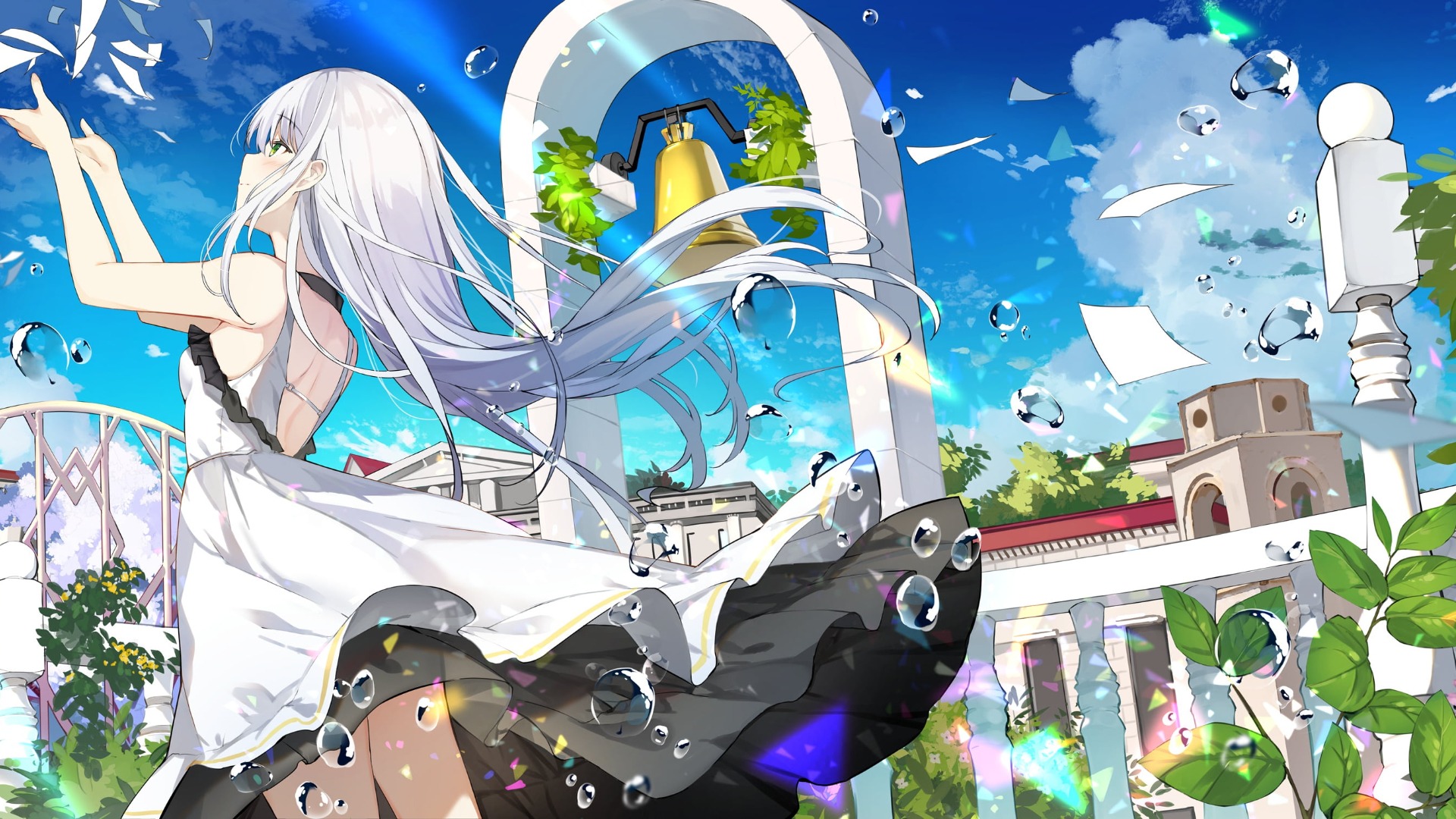 an anime girl with long white hair wearing a white dress stands in front of an archway with a bell hanging from it. bubbles and white pieces of paper float in the air against a bright blue sky. behind the archway are buildings and trees. the scene is colorful and dreamlike.